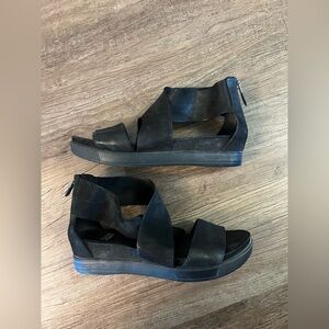 Eileen Fisher Crisscross Wedge Sandal Shoes 8.5 Black Leather‎ Platform Chunky